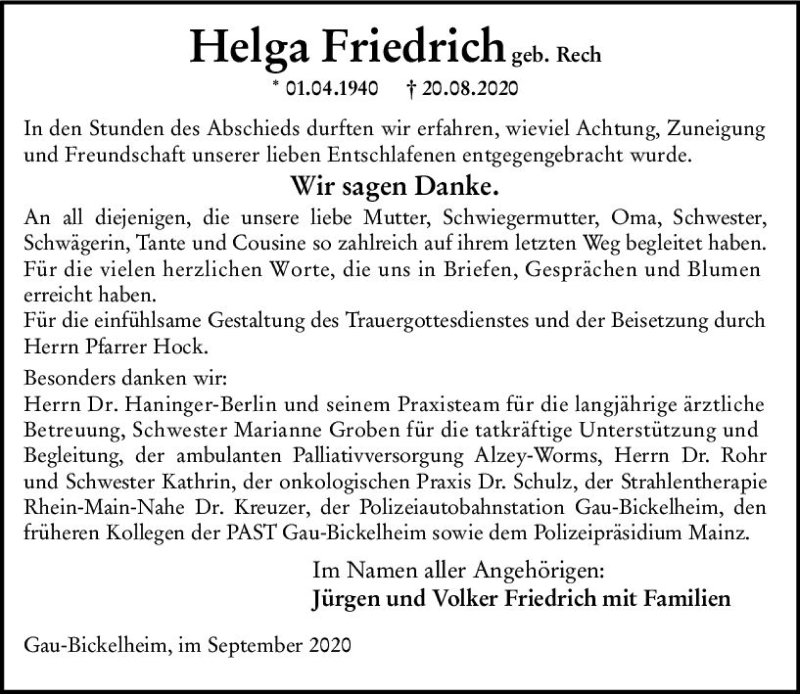  Traueranzeige für Helga Friedrich vom 12.09.2020 aus vrm-trauer
