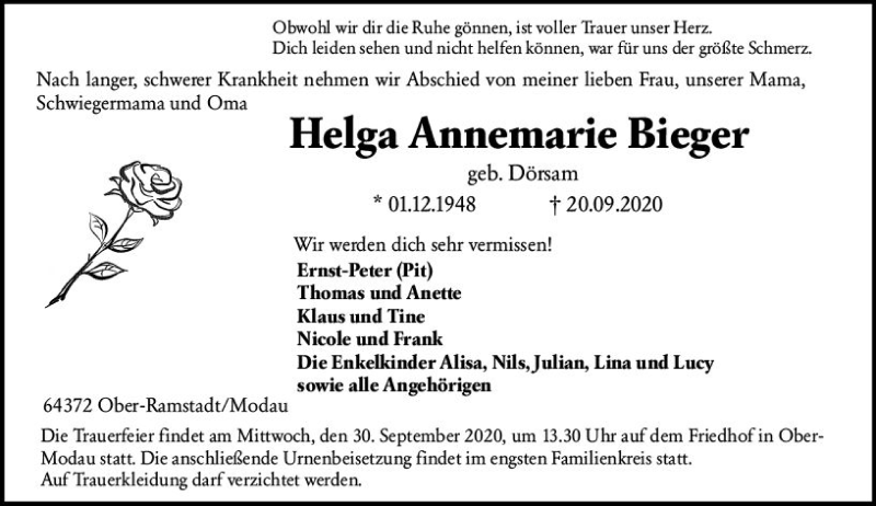 Traueranzeige für Helga Annemarie Bieger vom 26.09.2020 aus vrm-trauer