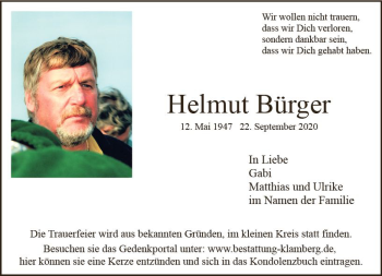 Traueranzeige von Helmut Bürger von vrm-trauer