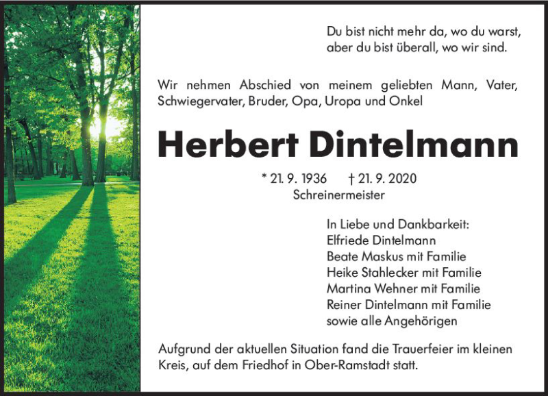  Traueranzeige für Herbert Dintelmann vom 26.09.2020 aus vrm-trauer