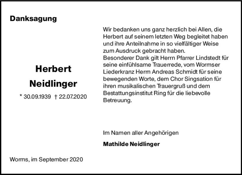  Traueranzeige für Herbert Neidlinger vom 19.09.2020 aus vrm-trauer