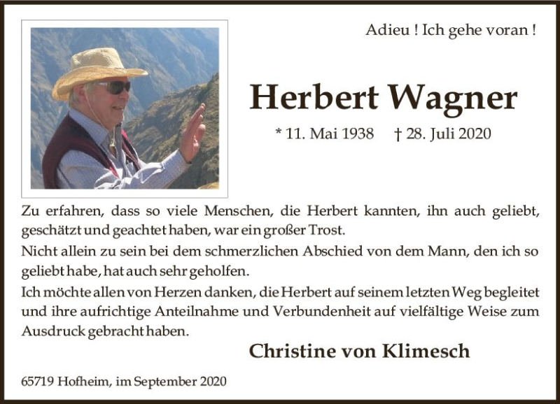  Traueranzeige für Herbert Wagner vom 11.09.2020 aus vrm-trauer