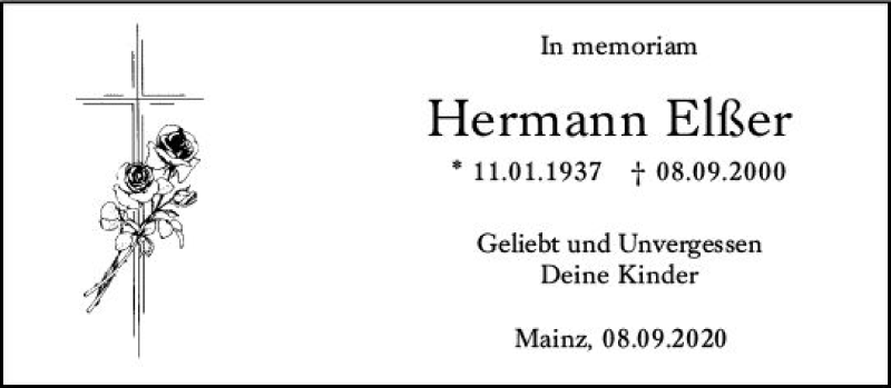  Traueranzeige für Hermann Elßer vom 08.09.2020 aus vrm-trauer