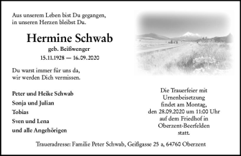 Traueranzeige von Hermine Schwab von vrm-trauer