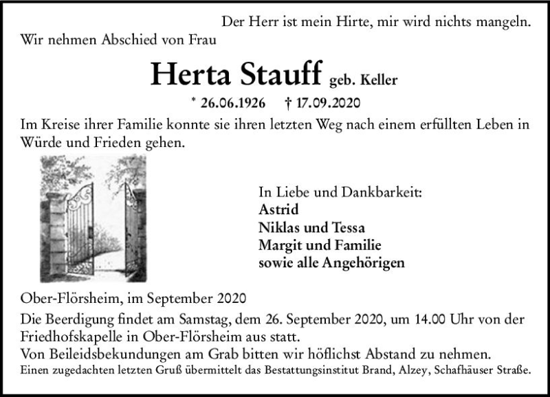  Traueranzeige für Herta Stauff vom 22.09.2020 aus vrm-trauer