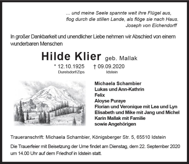  Traueranzeige für Hilde Klier vom 19.09.2020 aus vrm-trauer