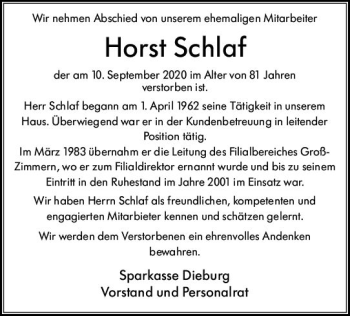 Traueranzeige von Horst Schlaf von vrm-trauer