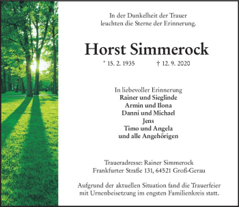Traueranzeige von Horst Simmerock von vrm-trauer