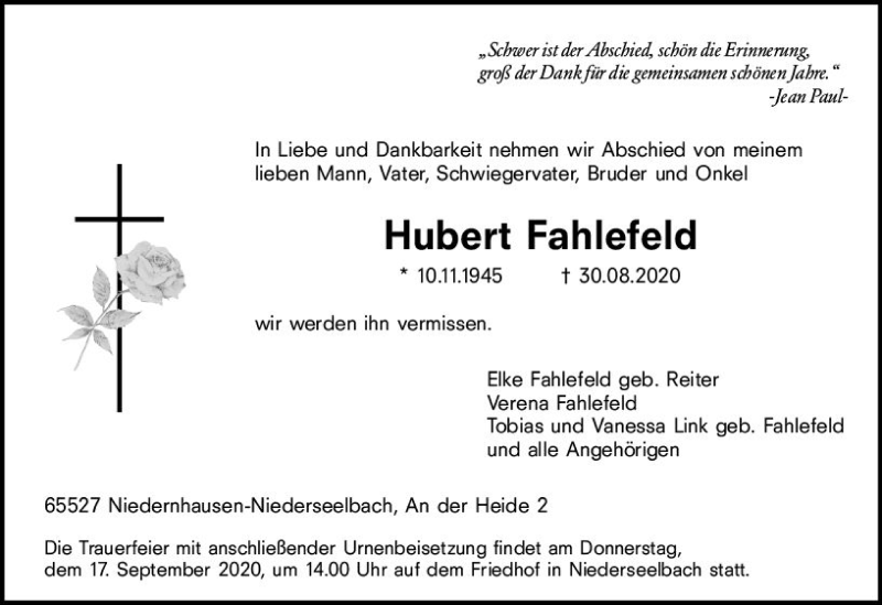  Traueranzeige für Hubert Fahlefeld vom 12.09.2020 aus vrm-trauer