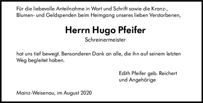  Traueranzeige für Hugo Pfeifer vom 05.09.2020 aus vrm-trauer