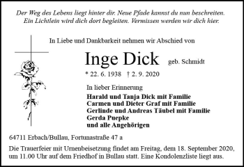 Traueranzeige von Inge Dick von vrm-trauer
