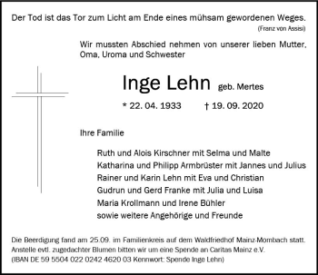 Traueranzeige von Inge Lehn von vrm-trauer