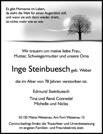 Traueranzeige von Inge Steinbuesch von vrm-trauer