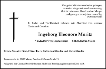 Traueranzeige von Ingeborg Eleonore Moritz von vrm-trauer