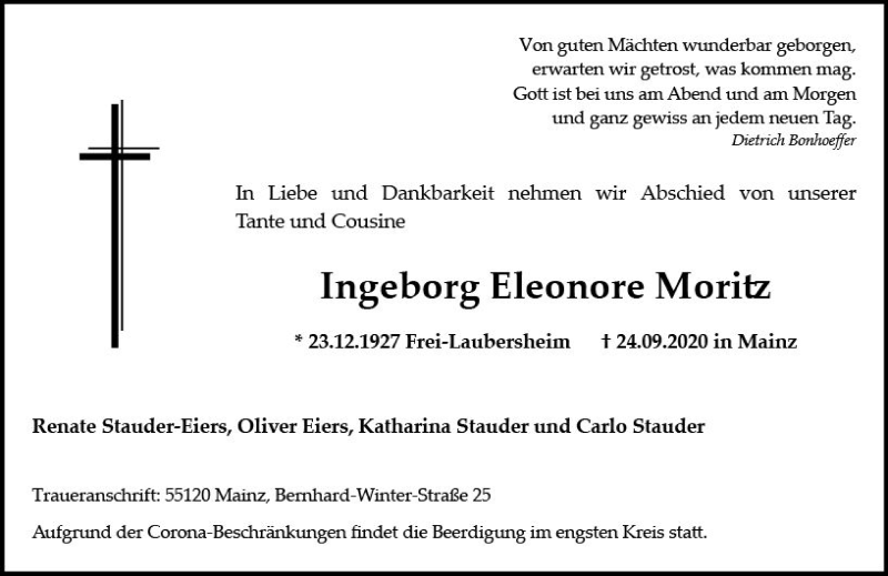  Traueranzeige für Ingeborg Eleonore Moritz vom 29.09.2020 aus vrm-trauer
