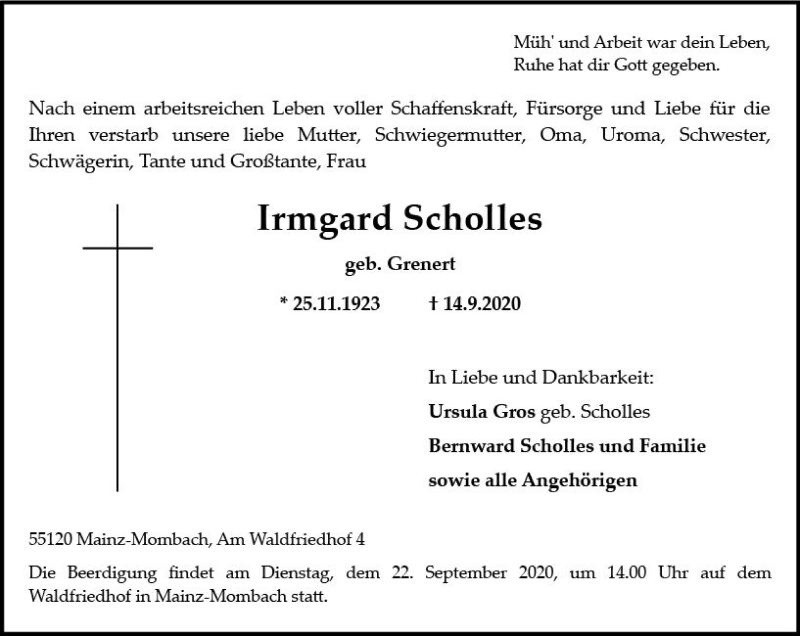  Traueranzeige für Irmgard Scholles vom 19.09.2020 aus vrm-trauer