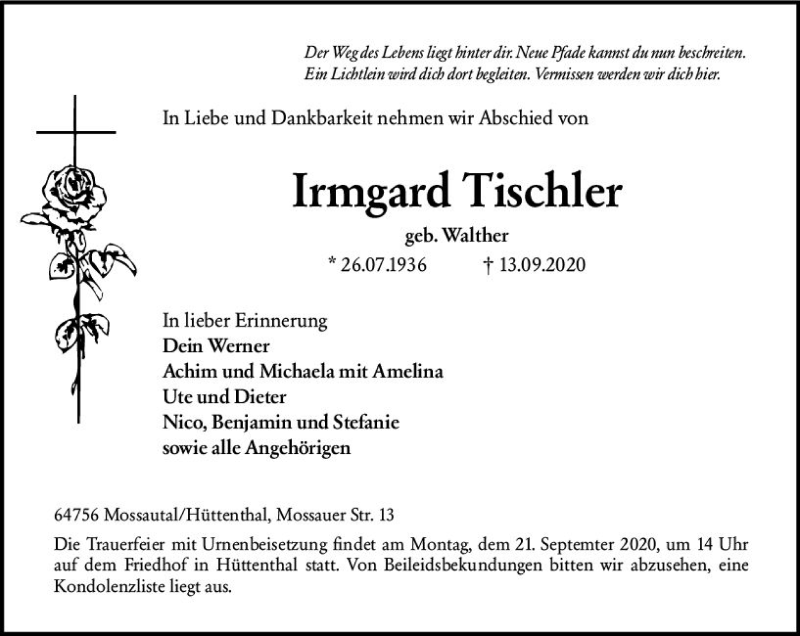  Traueranzeige für Irmgard Tischler vom 19.09.2020 aus vrm-trauer