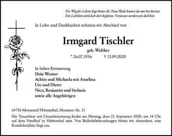 Traueranzeige von Irmgard Tischler von vrm-trauer