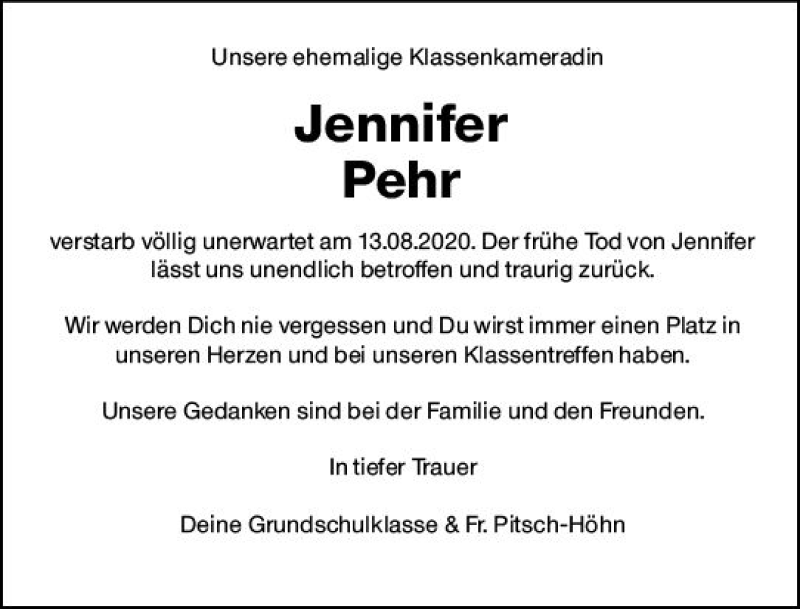  Traueranzeige für Jennifer Pehr vom 01.09.2020 aus vrm-trauer