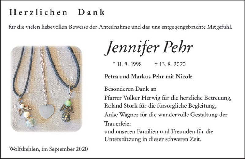  Traueranzeige für Jennifer Pehr vom 12.09.2020 aus vrm-trauer