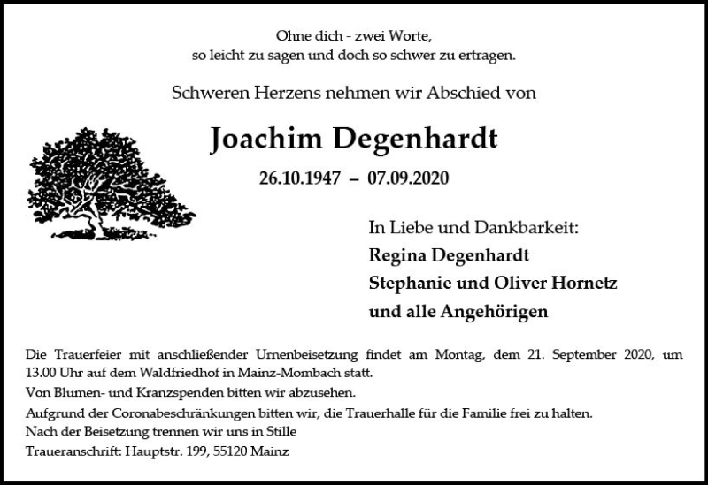  Traueranzeige für Joachim Degenhardt vom 19.09.2020 aus vrm-trauer