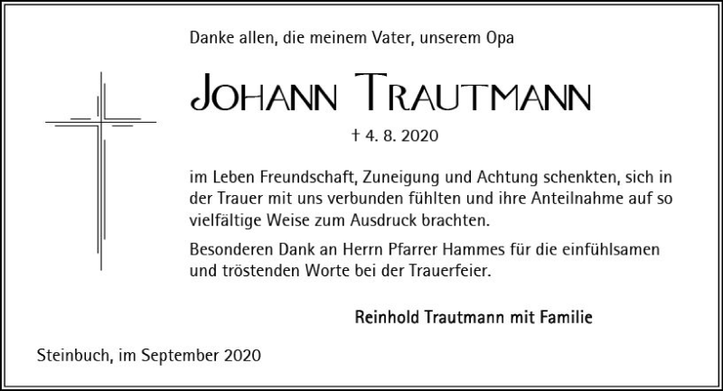  Traueranzeige für Johann Trautmann vom 19.09.2020 aus vrm-trauer