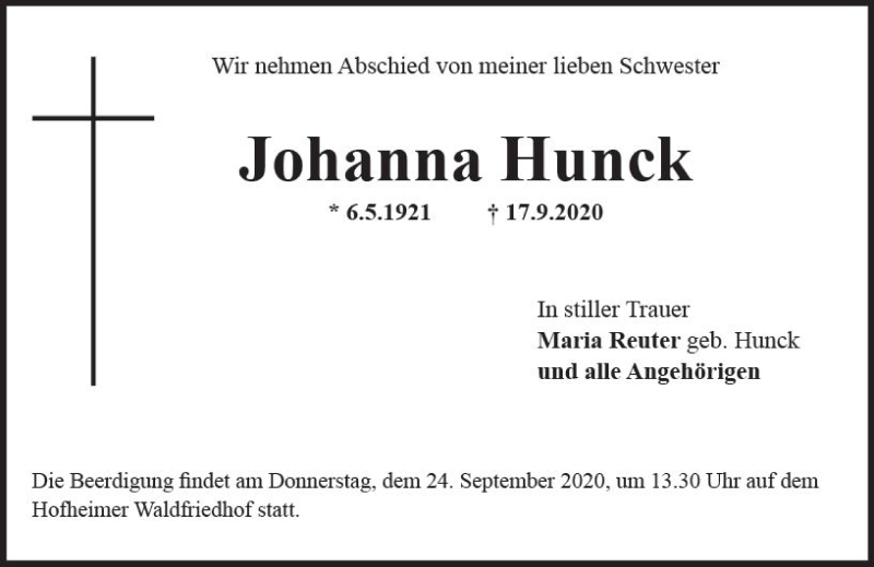  Traueranzeige für Johanna Hunck vom 22.09.2020 aus vrm-trauer
