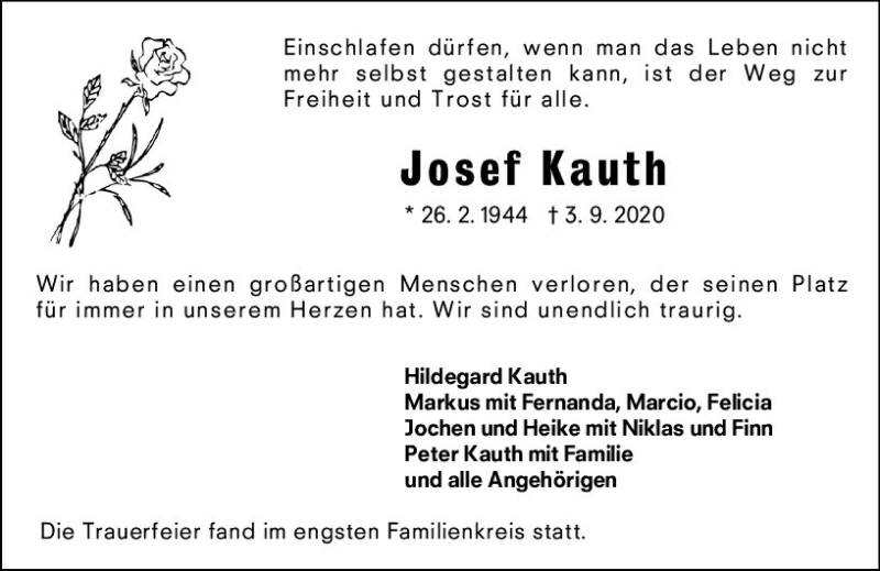  Traueranzeige für Josef Kauth vom 12.09.2020 aus vrm-trauer