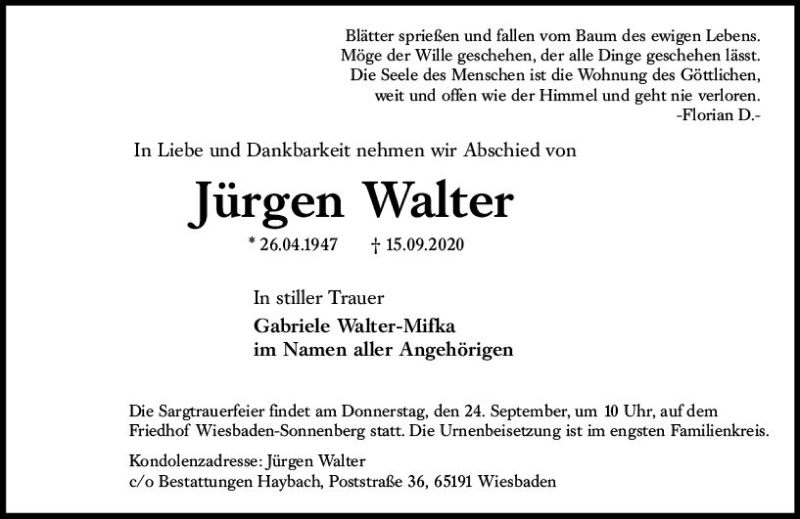  Traueranzeige für Jürgen Walter vom 23.09.2020 aus vrm-trauer