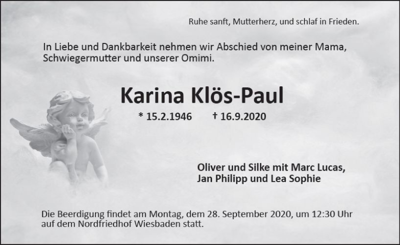  Traueranzeige für Karina Klös-Paul vom 26.09.2020 aus vrm-trauer