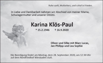 Traueranzeige von Karina Klös-Paul von vrm-trauer