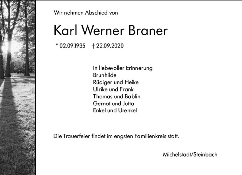  Traueranzeige für Karl Werner Braner vom 26.09.2020 aus vrm-trauer