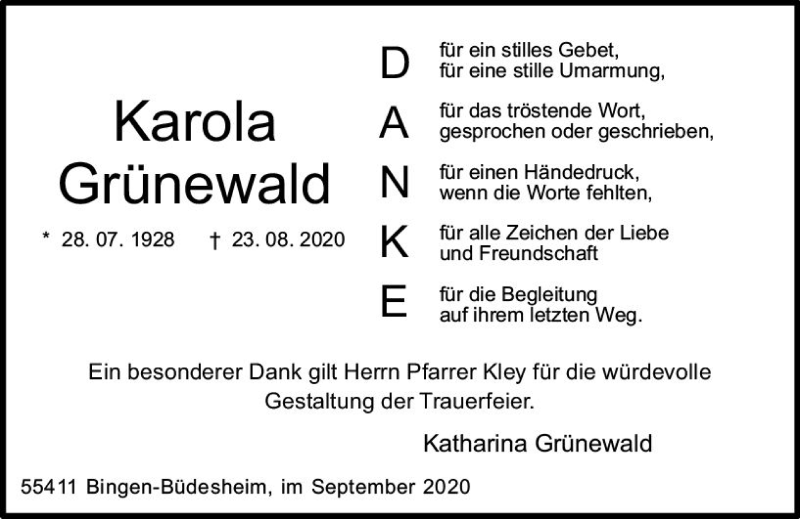  Traueranzeige für Karola Grünewald vom 19.09.2020 aus vrm-trauer