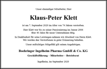 Traueranzeige von Klaus-Peter Klett von vrm-trauer