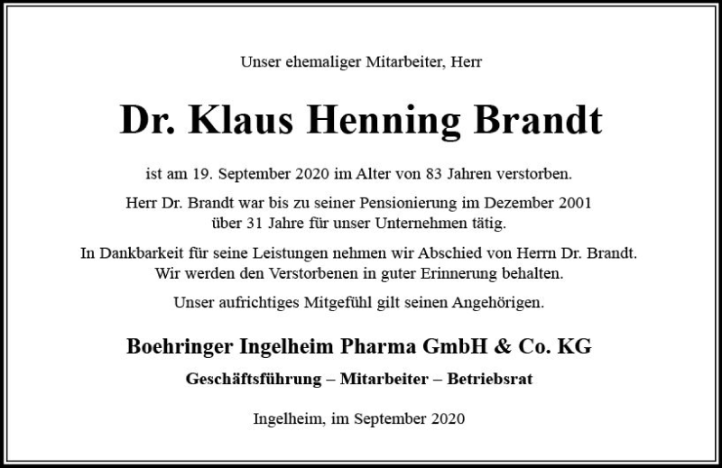  Traueranzeige für Klaus Henning Brandt vom 30.09.2020 aus vrm-trauer