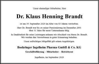 Traueranzeige von Klaus Henning Brandt von vrm-trauer