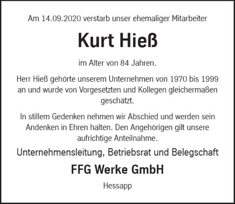 Traueranzeige für Kurt Hieß vom 26.09.2020 aus vrm-trauer