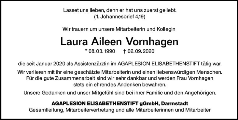  Traueranzeige für Laura Aileen Vornhagen vom 10.09.2020 aus vrm-trauer