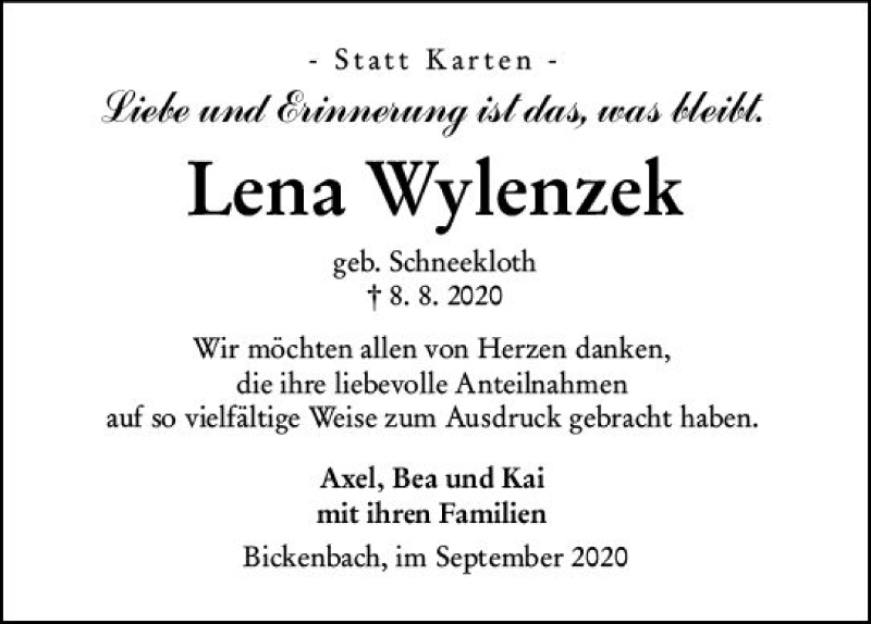  Traueranzeige für Lena Wylenzek vom 19.09.2020 aus vrm-trauer