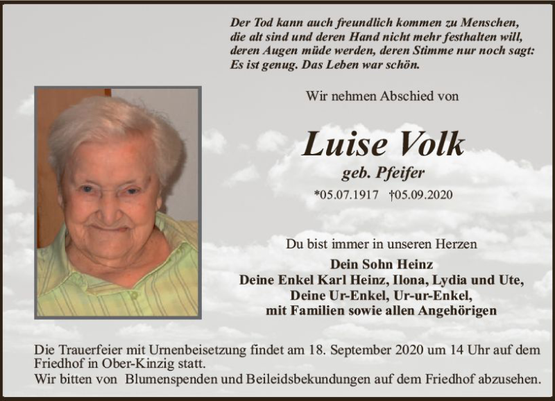  Traueranzeige für Luise Volk vom 16.09.2020 aus vrm-trauer