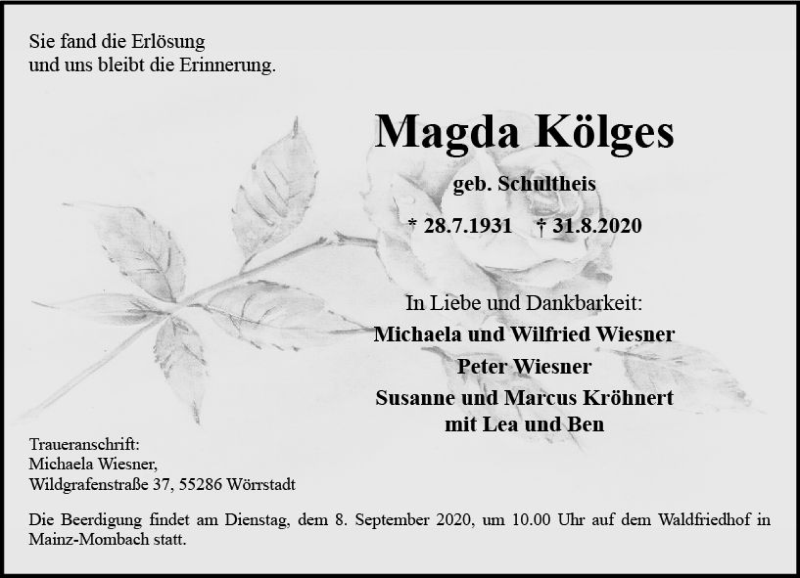  Traueranzeige für Magda Kölges vom 05.09.2020 aus vrm-trauer
