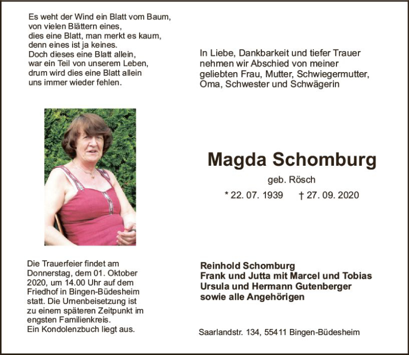  Traueranzeige für Magda Schomburg vom 30.09.2020 aus vrm-trauer