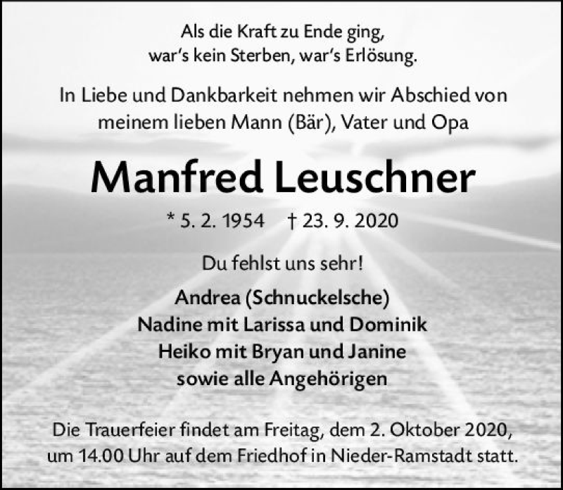  Traueranzeige für Manfred Leuschner vom 30.09.2020 aus vrm-trauer