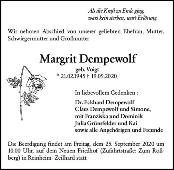 Traueranzeige von Margit Dempewolf von vrm-trauer