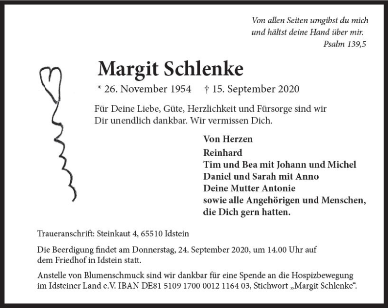  Traueranzeige für Margit Schlenke vom 19.09.2020 aus vrm-trauer