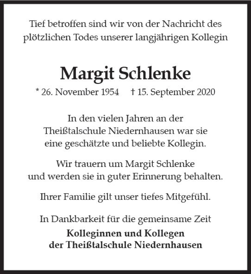  Traueranzeige für Margit Schlenke vom 26.09.2020 aus vrm-trauer
