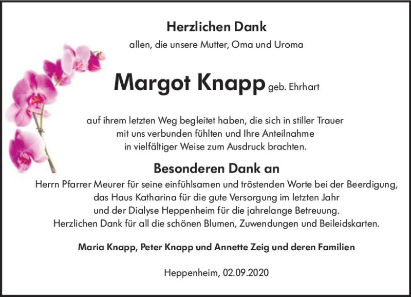  Traueranzeige für Margot Knapp vom 05.09.2020 aus vrm-trauer