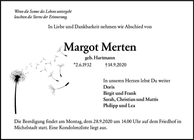  Traueranzeige für Margot Merten vom 19.09.2020 aus vrm-trauer