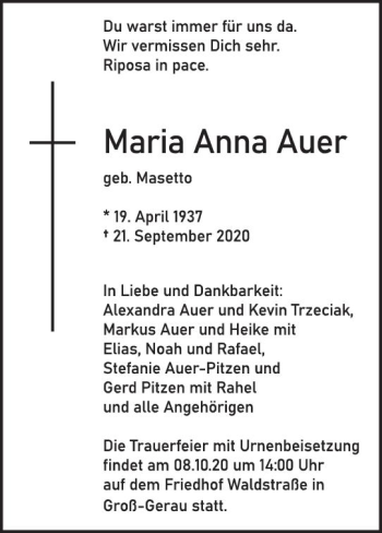 Traueranzeige von Maria Anna Auer von vrm-trauer