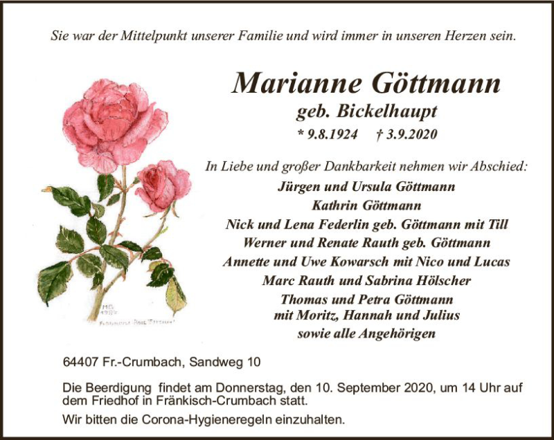  Traueranzeige für Marianne Göttmann vom 08.09.2020 aus vrm-trauer